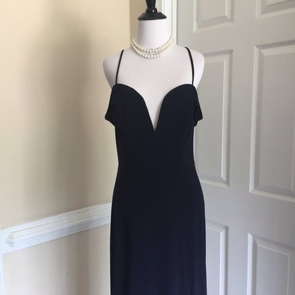 Dark Navy Off the Shoulder Side Slit Formal Dress - Picture 4 of 13